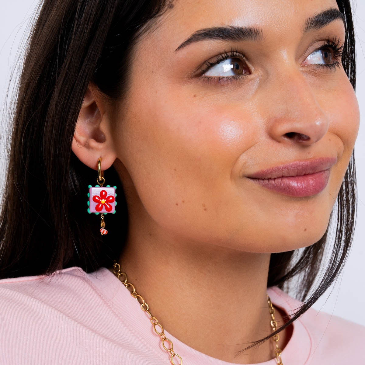 Steel Mosaic Square Flower Charm Hoop Earrings | Anartxy