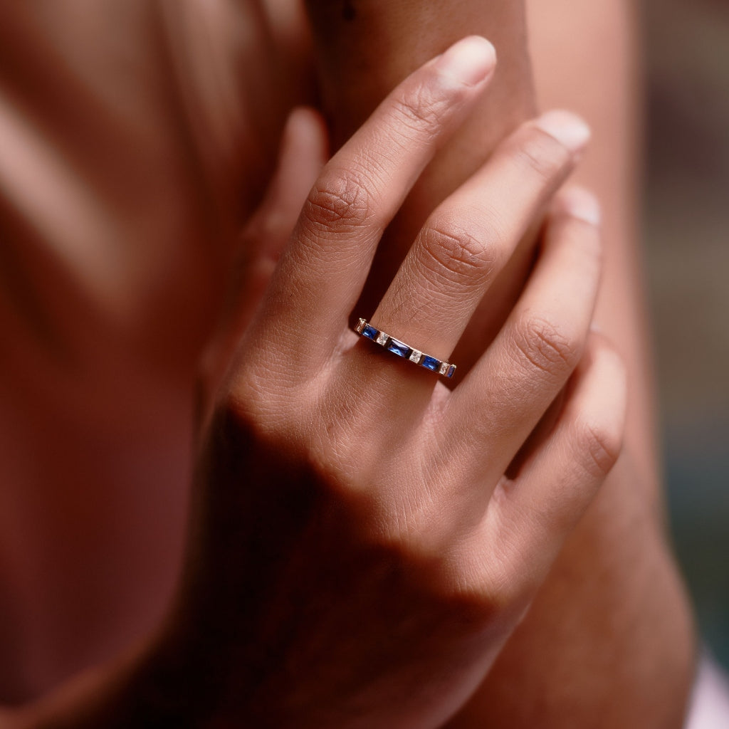 Gold Bar Setting Eternity Ring Sapphire